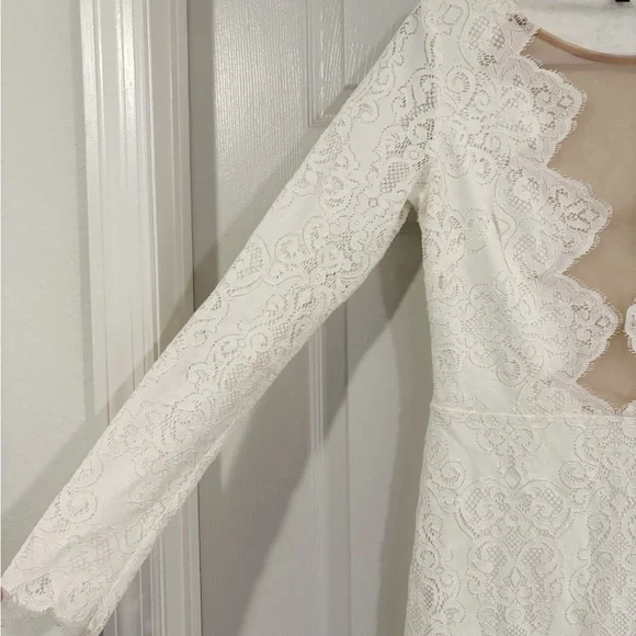 For Love & Lemons White Noir Lace Dress Long Sleeve Mini Boho Bride Sz Large
